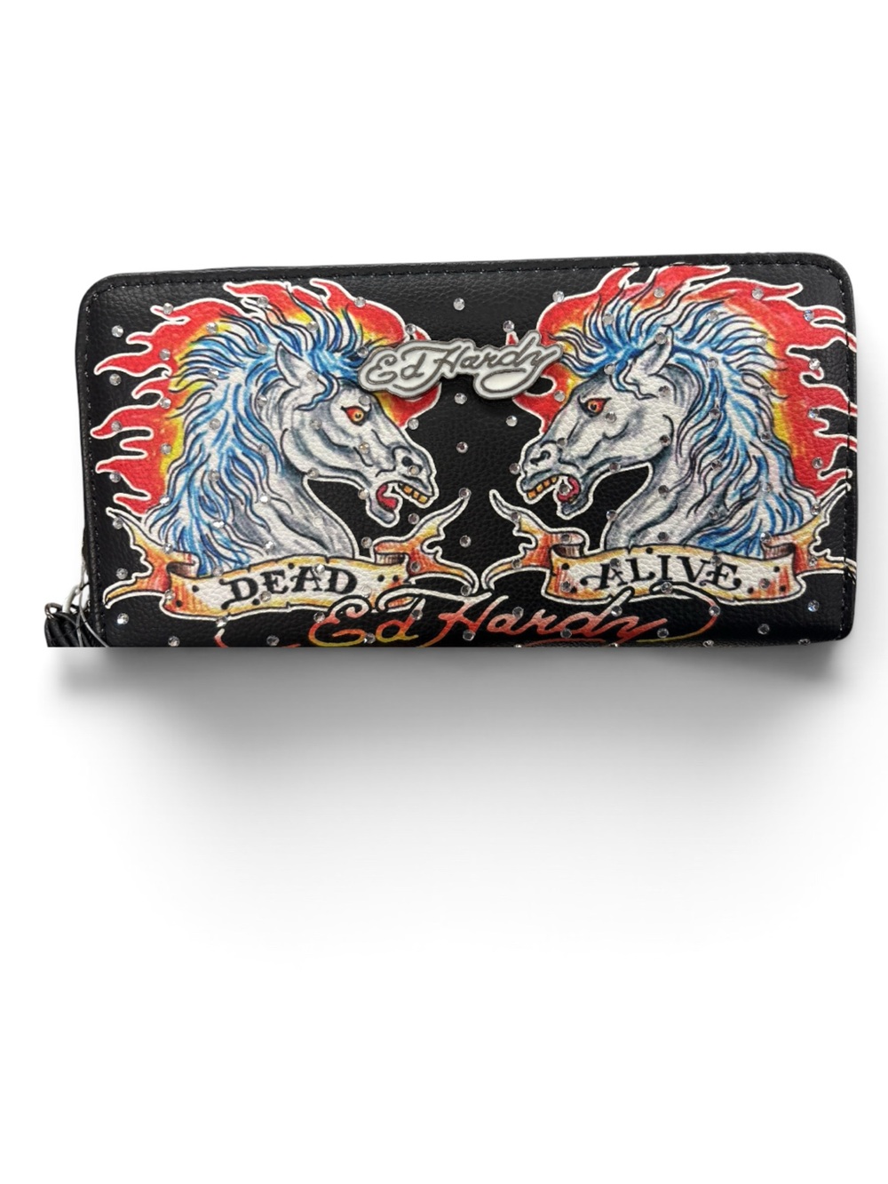 Ed Hardy Black Wallet with Flaming Blue Mane Lion Art